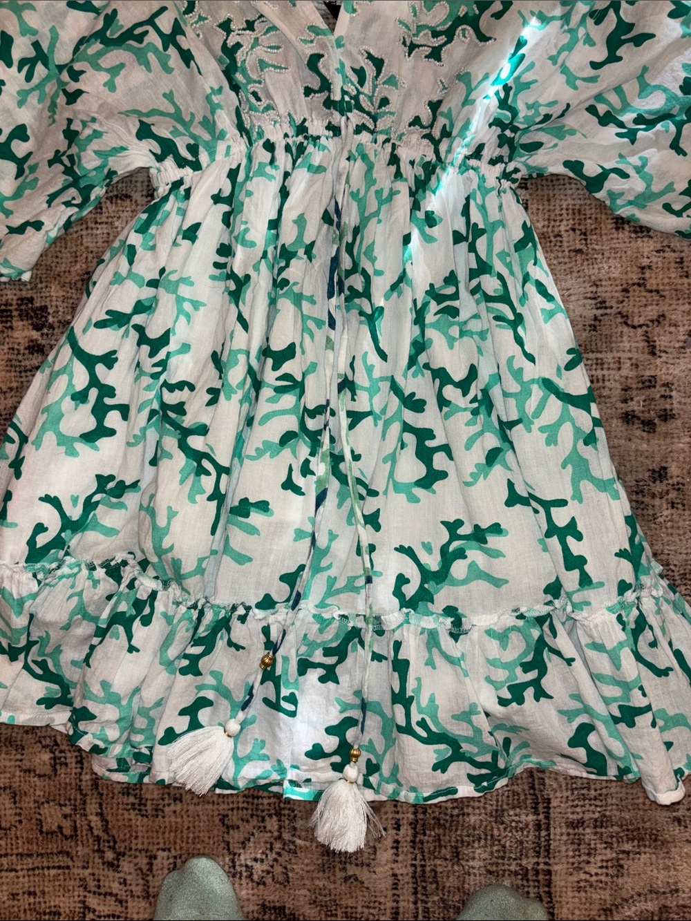 Green Coral Print Womens Dress with Tassel Tie - Picture 3 of 10